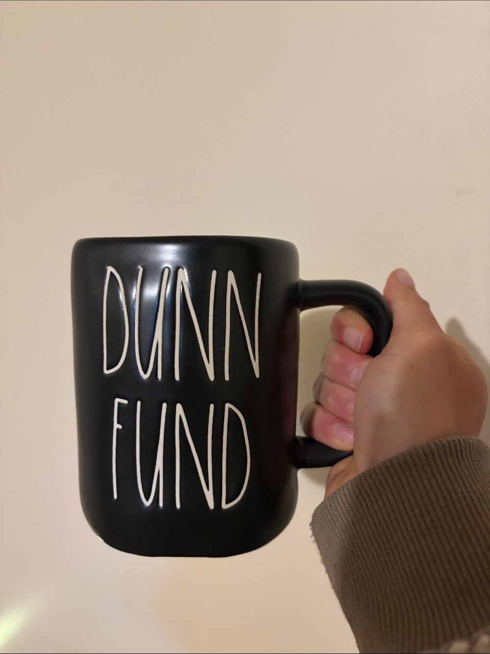Rae Dunn Black Mug with White DUNN FUND Lettering